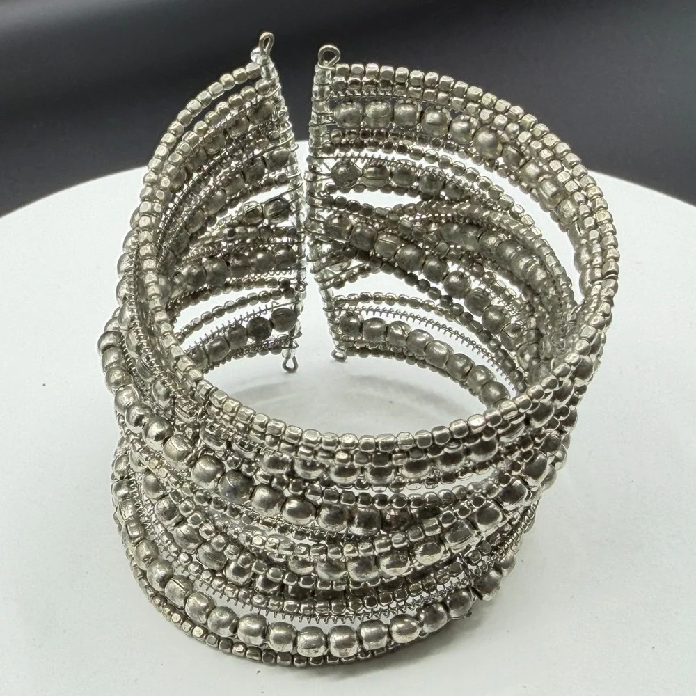 Silver Tone Multi Strand Beaded Wire Cuff Bracelet Boho Statement Festival Gift